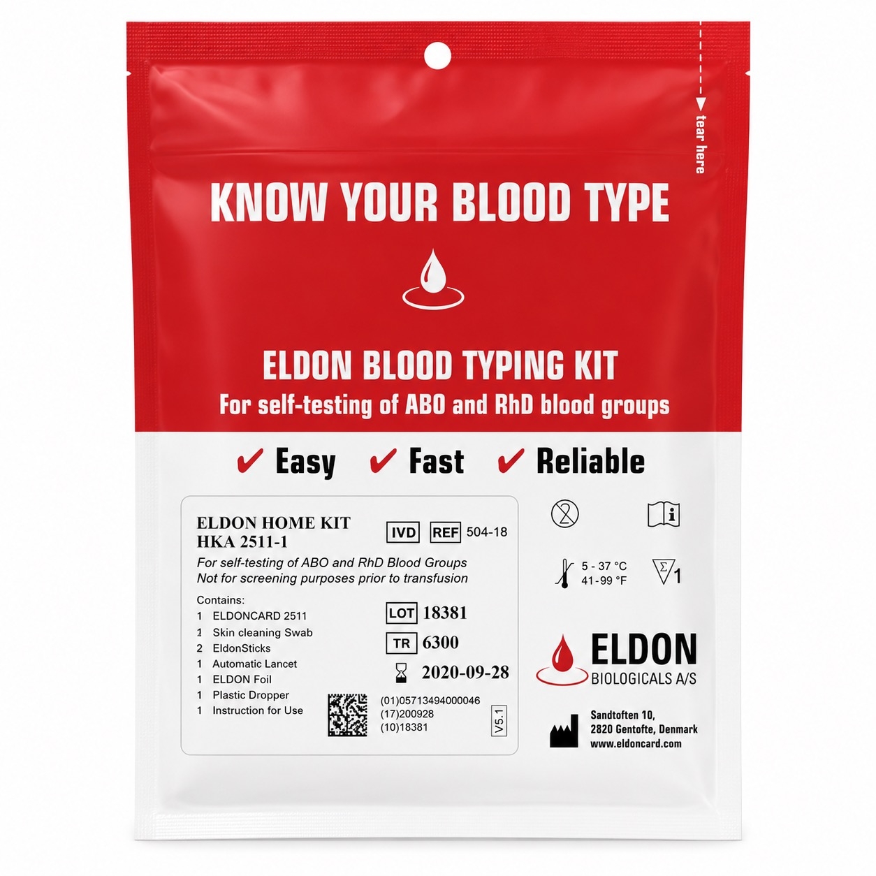 Eldon blood typing kit for ABO and RhD self-testing